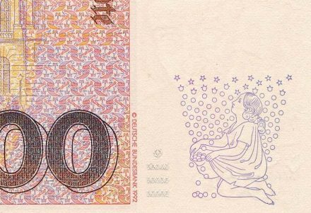 Manchmal fällt Geld vom Himmel: Sterntaler aus dem Märchen der Gebrüder Grimm, Darstellung auf der Banknote über 1000 D-Mark aus den 1990ern. Quelle: Deutsche Bundesbank / <a href="https://commons.wikimedia.org/"target="_blank">Wikimedia Commons</a>
