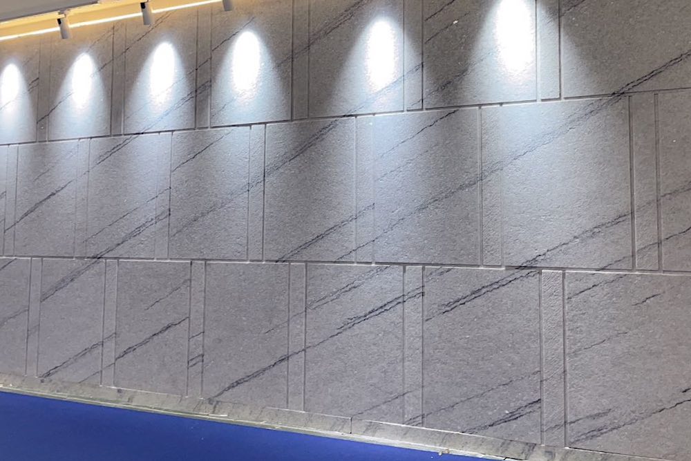 Marble Sparkling White, dark veins, sandblast.