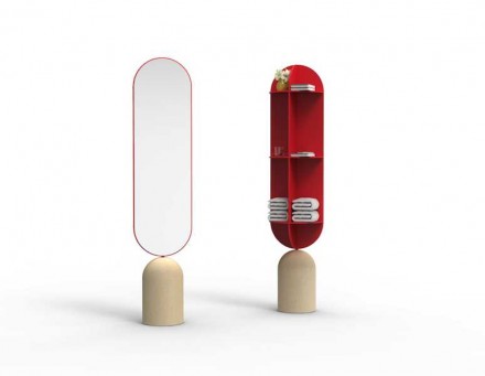 „Orte“ é um espelho articulado com guardador na face traseira; o design é de L. Longo e A. Romano, De-Signum Studio Lab.