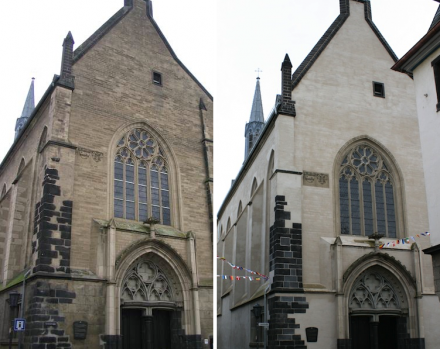 Die Christuskirche in Andernach vor der Sanierung (links, 2004) und danach (2013). Fotos: Wikimedia Commons / Peter Becker