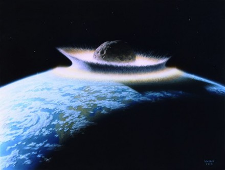 Ein Asteroid trifft mit voller Wucht auf die Erde. Um diese Katastrophe zu verhindern, wollen Forscher herannahende Himmelskörper mit Satelliten beschießen. Rendering: Donald Davis