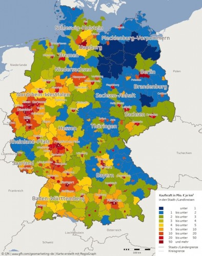Kaufkraftdichte je nach Landkreis beziehungsweise Stadtkreis.
