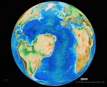 A hypothetical model of the circum-Atlantic region at present-day, if Africa had split into two parts along the West African Rift system. Here, the north-west part of present day Africa would have moved away together with the South American continent, forming the North Atlantic at the place of today’s Sahara. Graphic: Sascha Brune/Christian Heine