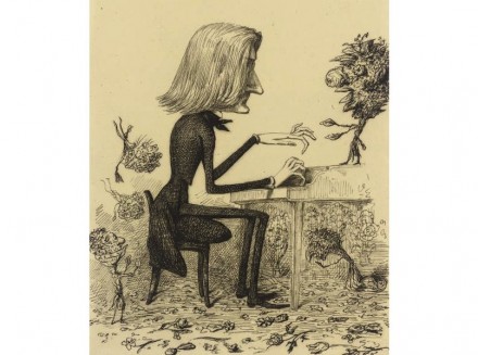 Caricature of Franz Liszt at the wooden piano (around 1845). Source: Wikimedia Commons