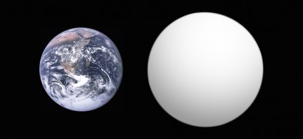 Größenvergleich: Kepler-10b (rechts), der erste nachgewiesene Planet (nicht Stern!) außerhalb unseres Sonnensystems. Er hat gut dreimal die Masse der Erde und etwa das 1,4fache ihres Radius’. Leben wie auf Terra kann es dort nicht geben, weil der Himmelskörper seine Kreisbahn zu nah an seiner Sonne Kepler-10 hat. Bild: Wikimedia Commons