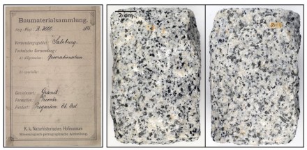 Granit aus Pregarten (Oberösterreich) verwendet als Dekorstein in Salzburg, 1886 katalogisiert. Foto: Naturhistorisches Museum