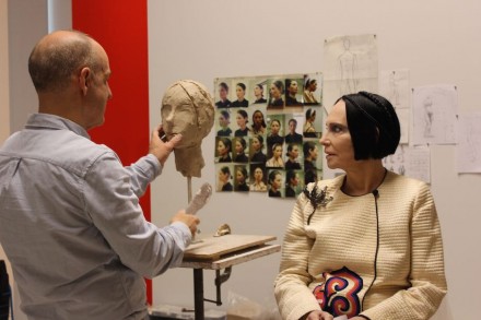 Michael Evert sculpting Mary McFadden on April 23, 2015. Image courtesy of the Museum of Arts and Design.
