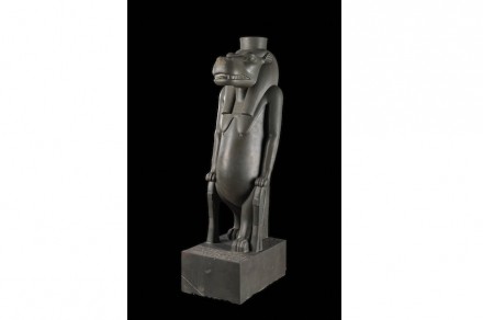 The goddess Thoueris, Egyptian Museum, Cairo, polished greywacke. The statue dates from the 26th dynasty 664-525 B.C.), and shows the goddess as a hippopotamus standing on lion's paws; her drooping breasts and rounded belly symbolize maternity and fecundity. She was the goddess who lived in the Nile, associated to the black silt fertilizing the earth. The goddess, a form of Nut, was the universal mother of Osiris.