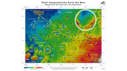Der Weg des „Marsianers“: Von Chryse Planitia über Arabia Terra zum Marshochland mit der Rettungsrakete. Bild: DLR