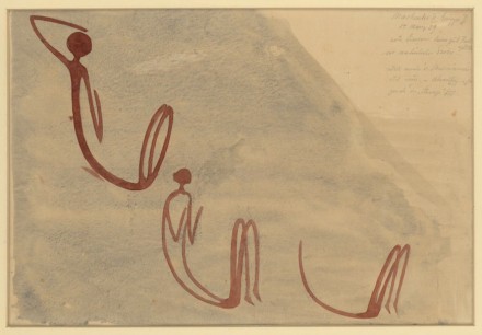 „Drei hockende Gestalten“. Simbabwe, Macheke 8000-2000 v.Chr., Aquarell von Leo Frobenius, 1929, 31 x 44 cm.