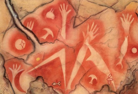 „Handsilhouetten, Fische und Mond“. Indonesien, Westpapua, Tabulinetin, 500-1500 n.Chr., Aquarell von Albert Hahn, 1937, 65 x 95 cm.