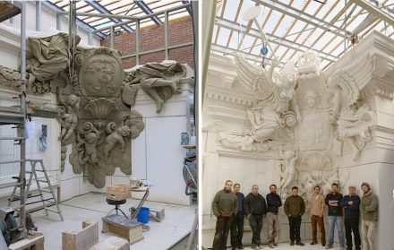 Links: die Kartusche wird in Ton modelliert. Rechts: fertiger Gipsabguss. Fotos: Andreas Artur Hoferick