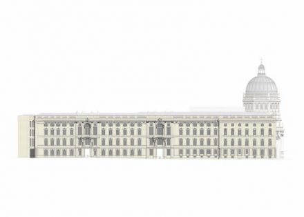 Die Seite des Berliner Schlosses am Lustgarten und Dom. Links das Portal V, rechts das Portal IV. Rendering: Stiftung Humboldt Forum im Berliner Schloss
