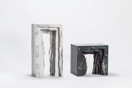 „Split Marble Collection”: is inspired from the sawing process of the marble. Being cut artificially, the retaining rough rims of stone pieces greatly contrast the smooth profile. Through stacking, the common way to place the slabs, the rough edges create the image of a layered cavern beneath the table and the stool. The stiff outlines together with the irregular fractures present the aesthetic of dissonance. Designer: Chang Chia-Ling; manufacturer: Shinying Enterprise Co., Ltd.; material: Serpentinite, Taiwanese white marble.