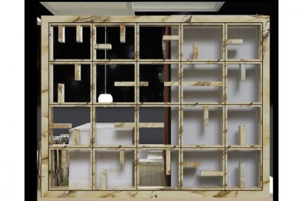 Sa.Ge.Van. Marmi, Diana Pelaez Cialdini and Franco Gemignani (design): modular bookshelf „Dotta”. Free-standing, linear and sober, Dotta combines the beauty of marble in its most basic form with new processing technologies. The wish to create an object with a unique design through waste material represents a further added value to the project.