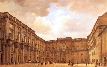 Der Schlüterhof des Berliner Schlosses, links die Kolossalfiguren an der Fassade. Gemälde von Eduard Gaertner, 1830. Quelle: Wikimedia Commons