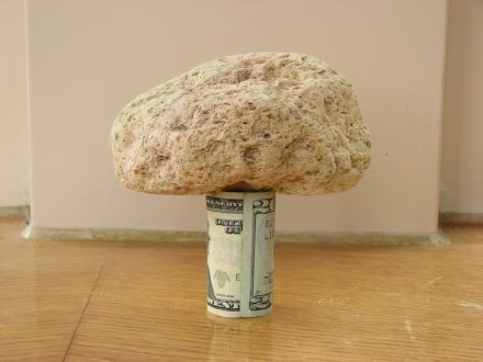 Pumice on a 20 dollar bill showing the low weight of the stone. Photo: Robert DuHamel / Wikimedia Commons