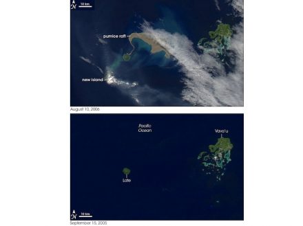 On August 10, 2006, Nasa’s „Aqua“ satellite captured the aftermath of a volcano eruption at the Tonga Islands in the South Pacific: above is a giant pumice raft, at the left a new island emerging out of the water partially hidden by its own plume. For comparison, the bottom image shows the same area on September 15, 2005. Photo: Nasa / Wikimedia Commons