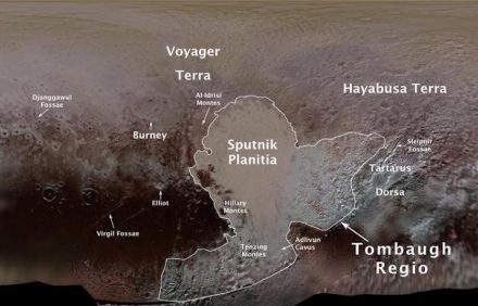 Pluto's first official surface-feature names are marked on this map, compiled from images and data gathered by Nasa's New Horizons spacecraft during its flight through the Pluto system in 2015. Source: NASA/JHUAPL/SwRI/Ross Beyer