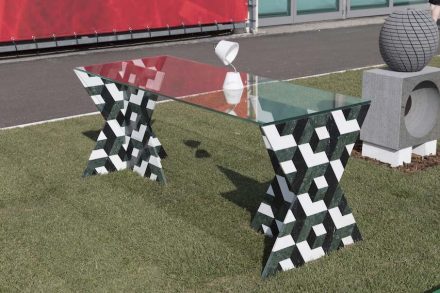 „Hexagon“. Students: Ricardo Calvanese, Matteo Partisani, Manuel Chiocchotta. Company: Remuzzi Marmi Bergamo. Material: Nero Marquina, Verde Guatemala, Bianco Statuario. „G. D’Annunzio“ University Chieti-Pescara, Department of Architecture, Pescara.