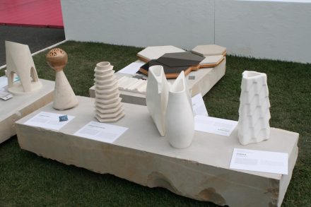Bari Polytechnic University, Dicar. Students (f.l.t.r.): Marco Boscarino Company (iPhone amplifier), Domenico Rizzi (lamp „Pinnaccolo“), Debora Ottolino (vessel „Exagone Twist), Andrea de Benedictis (complement of furniture „Didumoi“), Margherita Iacobellis (vase „Athena“); Companies (f.l.t.r.): Pi.Mar, Romagno Marmi, Dalia Stone Design, Marmi Strada, Marmi Strada.