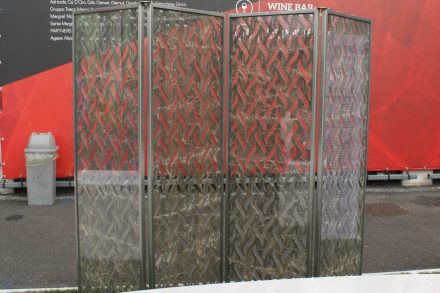 „TRA-Ma (trafori di marmo)“. Design: Giuseppe Fallacara, Micaela Coella, New Fundamentals Research Group. Company: Manzi Marmi. Material: Marmo Ambrato, Glass, Stainless steel. Bari Polytechnic University, Dicar.