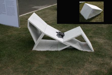 „Gli’Inseparabili“. Designer: Enzo Ceglie. Company: Progetto Marmi di Talamo Antonio. Material: Marmo di Carrara, stainless steel, colored resin. „G. D’Annunzio“ University Chieti-Pescara, Department of Architecture, Pescara.