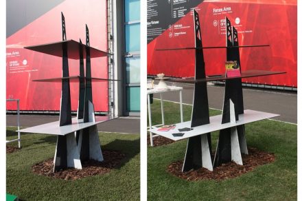 „Sails“. Students: Eros Tartaglia, Alice Tonelli. Company: Remuzzi Marmi Bergamo. Material: Nero Marquina, Bianco Carrara. University of Ferrara, Department of Architecture.