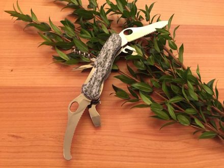 Einer der Gewinne ist ein Bündner Jagdmesser mit Griffschale aus Calanca Gneiss. Foto: ProNaturstein