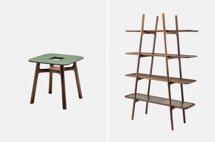 <a href="http://www.woak.ch/"target="_blank">White Oak</a>: „Marshal“ Beistelltisch (links), „Malin“ Regalsystem (rechts): Marmor und Holz.