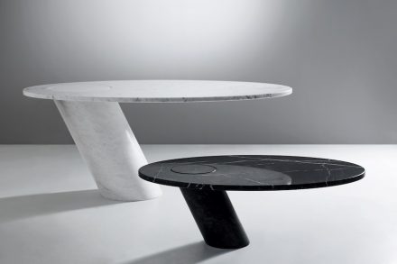 Tisch „Eccentrico“ von Angelo Mangiarotti (1971) für Agape. Rendering: Marmomac