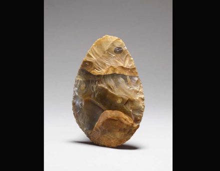 Artist Unknown: Handaxe with twisted profile Greenhithe, England, ca. 300,000, Flint, 5 1/4 x 3 3/4 x 1 in. (13.6 x 9.4 x 2.5 cm), The British Museum. Source: © The Trustees of the British Museum