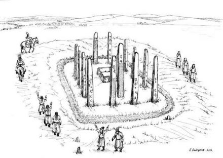 Illustration of a ritual conducted around the monument (drawn by former director of the National Museum of Mongolian History).