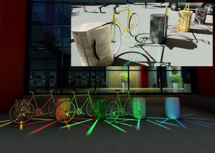 Students, Category decorative products, Honorable Mention: Abdulkadir Öztürk, Yaşar Gürbaz (Karabük University): „Lightingpark“. Hollowed marble columns contain lights and slits to park bicycles.