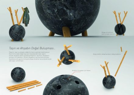 Students, Category decorative products, Honorable Mention: Aydin Algan (Anadolu University): Hall stand combining stone and wood.