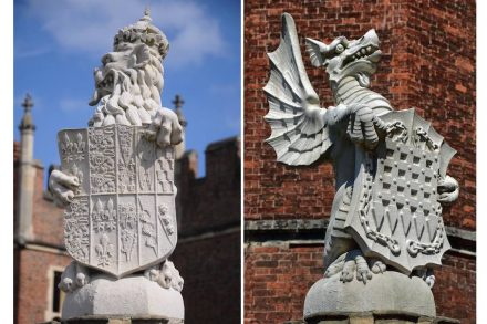 The King’s Beasts at Hampton Court Palace. Photos: Philip Halling (left), Duncan Harris (right) / Wikimedia Commons