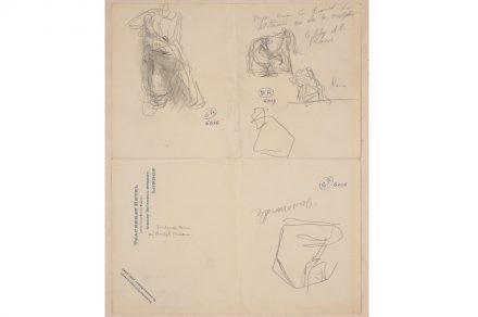 Auguste Rodin, Sketches including figure K from the Parthenon and a metope from the south side of the Parthenon, 20 February 1905. Graphite on paper © Musée Rodin