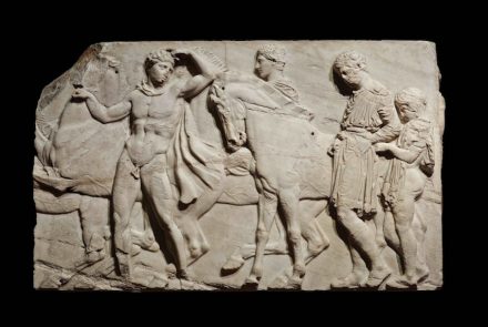 Unmounted youths preparing for the cavalcade, block from the north frieze of the Parthenon, about 438–432 BC, Marble, © The Trustees of the British Museum