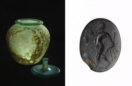 Left: Glass container with lid, discovered in Southwark. Right: Intaglio discovered within Roman sarcophagus.
