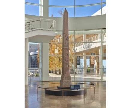 Obelisk honoring Emperor Domitian and Isis, on view
in the Entrance Hall of the J. Paul Getty Museum. Roman, granite, AD 88–89, Benevento, Museo del Sannio, 1916. Photo: J. Paul Getty Museum, 2018