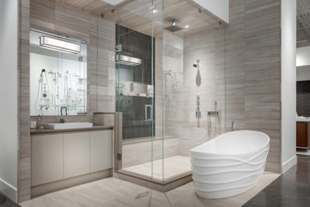 CID-Awards: Design Category, Commercial Stone. Project: Kitchen and Bath Design Showroom. Designer: Empire Kitchen & Bath. Location: Calgary, Alberta, Canada.