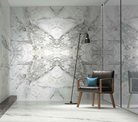 Feature wall created with Lapicida’s Bluetta bookmatched porcelain tiles. Photo: Lapicida