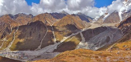 Photograph panorama looking over the devastation of the Kedarnath landslide, June 2013, Uttarakhand state, India. Photo: Vaibhav Kaul, University of Sheffield
