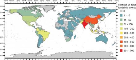 Graphic showing the number of fatal landslide events per country. Source: Froude & Petley, Natural Hazards and Earth System Sciences, 2018
