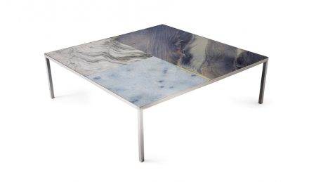Coffee table „Gold 120“. Design: Ronaldo Barbosa: company: Brasigran; quartzites Azul Imperial and marbles Lumen and Super White Premium.