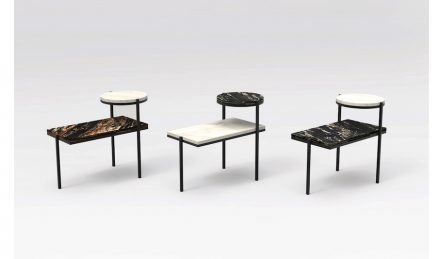Side tables „Petra“. Design: Fernando Jaeger; company: Guidoni; granites Black Fusion and Black Taurus and quartzite Mykonos.