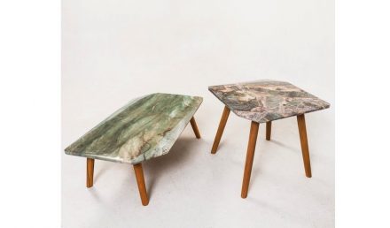 Tables „Vinco“. Design: Ricardo Freisleben; company: Marbrasa; quartzites Wild Forest and Gaya.