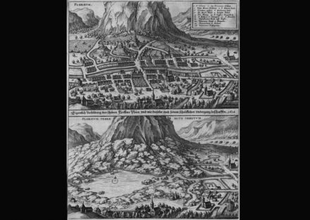 Matthäus Merian stellte 1642 in seiner „Topographia Helvetiae, Rhaetiae et Valesiae“ den Monte Conto vor und nach dem Bergsturz dar. Quelle: <a href="https://commons.wikimedia.org/"target="_blank">Wikipedia Commons</a>