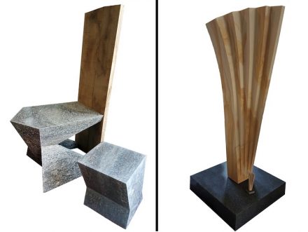 Links: Maximilian Steininger, Sitzmöbel, 50 cm x 65 cm x 45 cm, Sellenberger Muschelkalk. Rechts: Hartmut Weinmann, Entfaltung, 65 cm x 40 cm x 180 cm, Hohenzollernpark Sandstein.