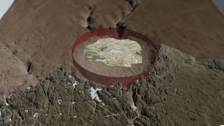 Größenvergleich der Deformation unter dem Eis des Hiawatha-Gletscher.